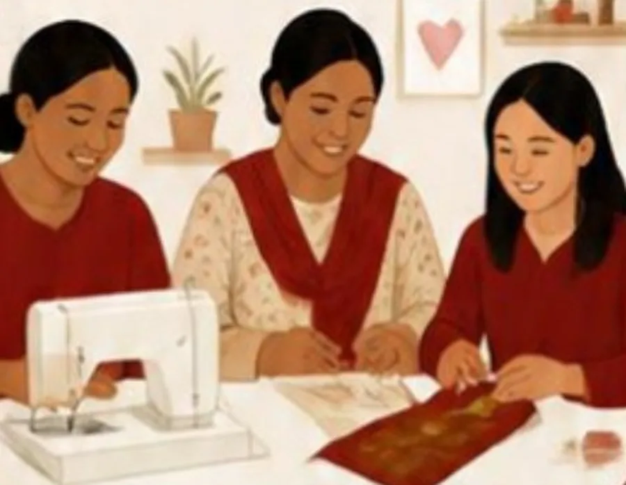 Three women sewing together at a worktable.